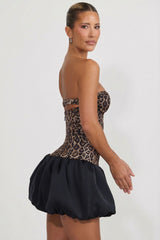 Cut-Out Bubble Hem Corset Mini Dress in Leopard Print
