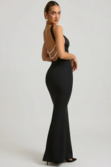Pearl-Detail Halterneck Maxi Dress in Black