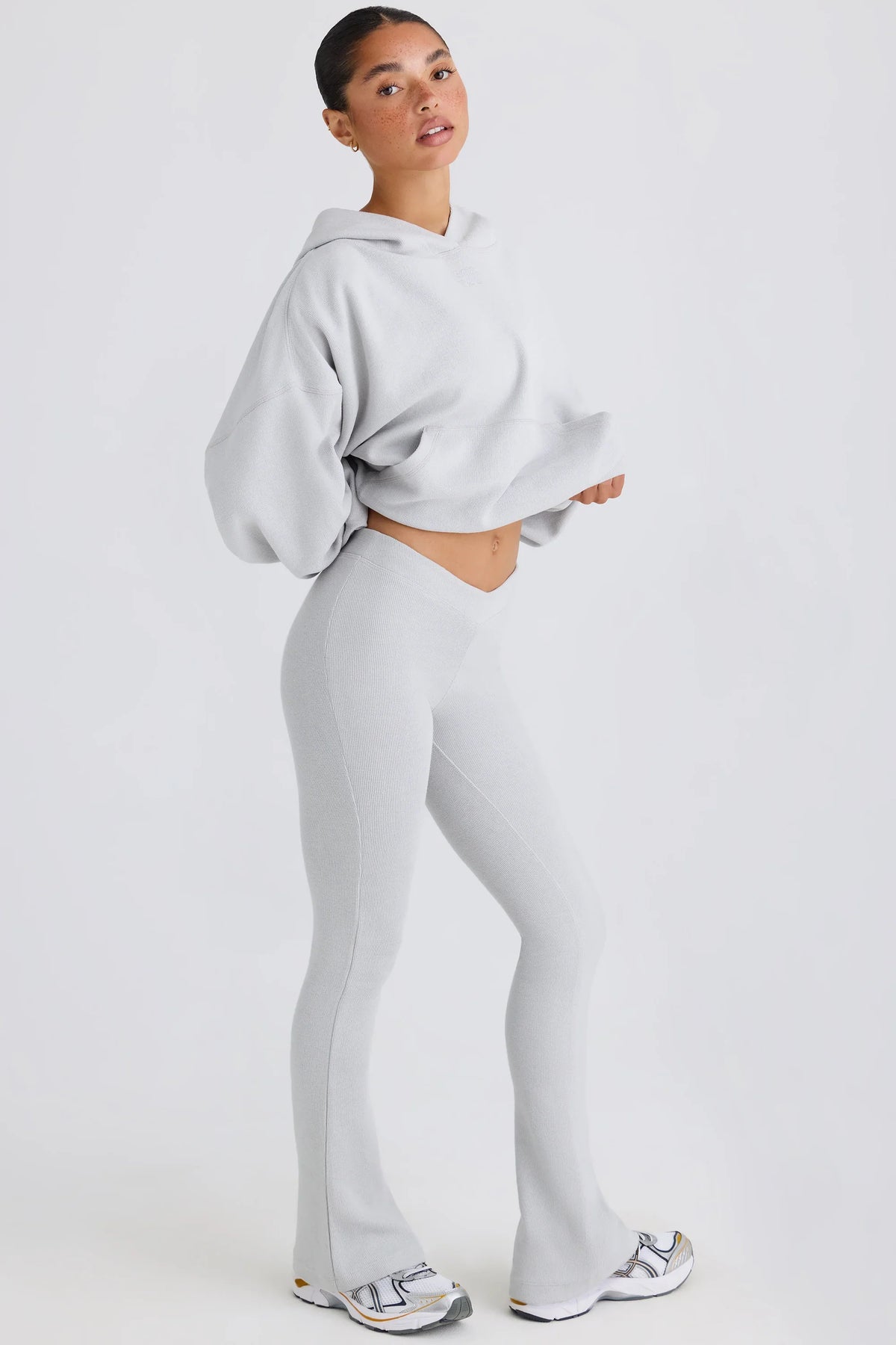Textured Cotton Jersey Flared Trousers in Pacific Grey