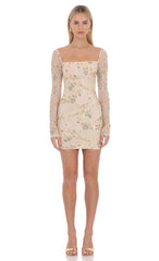 Beaded Long Sleeve Mini Dress in Champagne