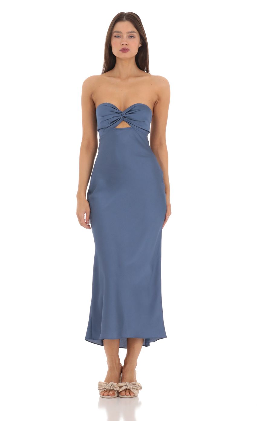 Satin Twist Cutout Midi Dress in Navy
