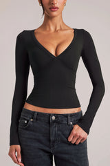 V-Neck Long-Sleeve Top  in Black