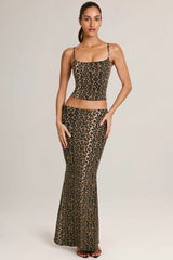 Modal Mid-Rise Fishtail Maxi Skirt in Leopard Print