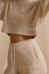 Ribbed Knit Mid-Rise Wide-Leg Joggers in Cream Marl