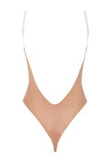 Soft Mesh Invisible Strap Thong Bodysuit in Warm Peach