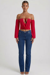 Off-Shoulder Draped Balloon-Sleeve Top in Red