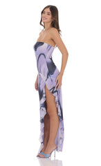 Swirl Mesh Strapless Ruffle Slit Dress in Purple