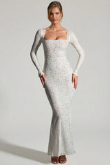 Embellished Long-Sleeve Fishtail Maxi Dress in White