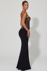 Lace-Up Corset Fishtail Maxi Dress in Black