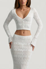 Ruffle-Trim Pointelle-Knit Cropped Cardigan in White