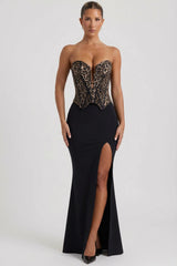 Lace-Up Corset Fishtail Maxi Dress in Black