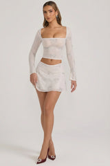 Embellished Mid-Rise A-Line Mini Skirt in Ivory