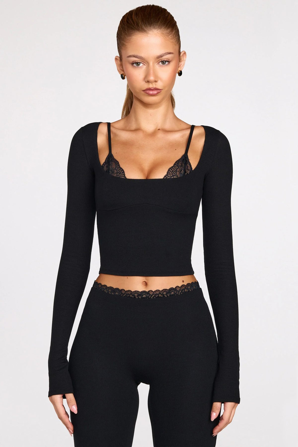 Ribbed Modal Long-Sleeve Laced Bra Top in Black