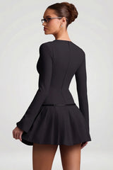 Long-Sleeve Pleated Mini Dress in Black