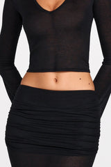 Sheer Jersey Low-Rise Draped Maxi Skirt in Black