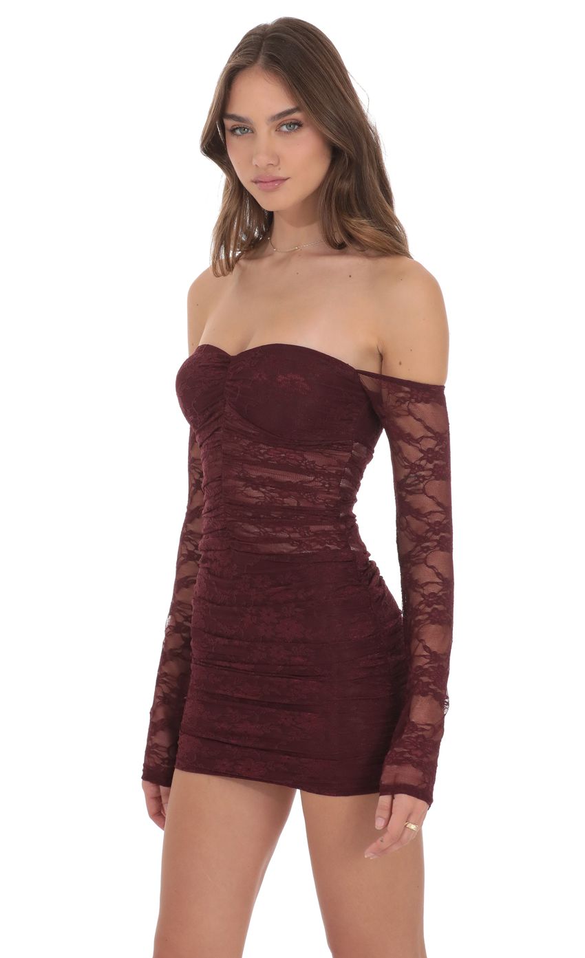 Lace Off Shoulder Bodycon Dress in Burgundy
