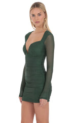 Rhinestone Mesh Long Sleeve Mini Dress in Green
