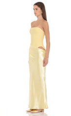 Strapless Draped Satin Maxi Dress in Butter Yellow