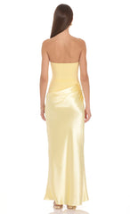Strapless Draped Satin Maxi Dress in Butter Yellow