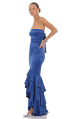 Strapless Ruffle Satin Maxi Dress in Cobalt Blue