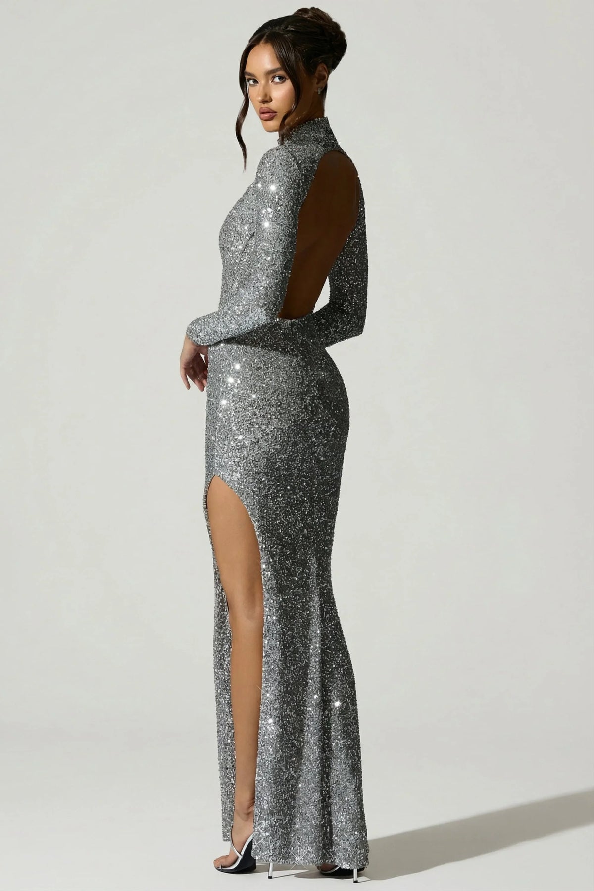Embellished Open-Back Gown in Silver