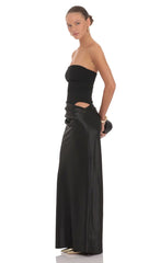 Strapless Draped Satin Maxi Dress in Black