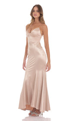 Satin Open Back Mermaid Maxi Dress in Champagne
