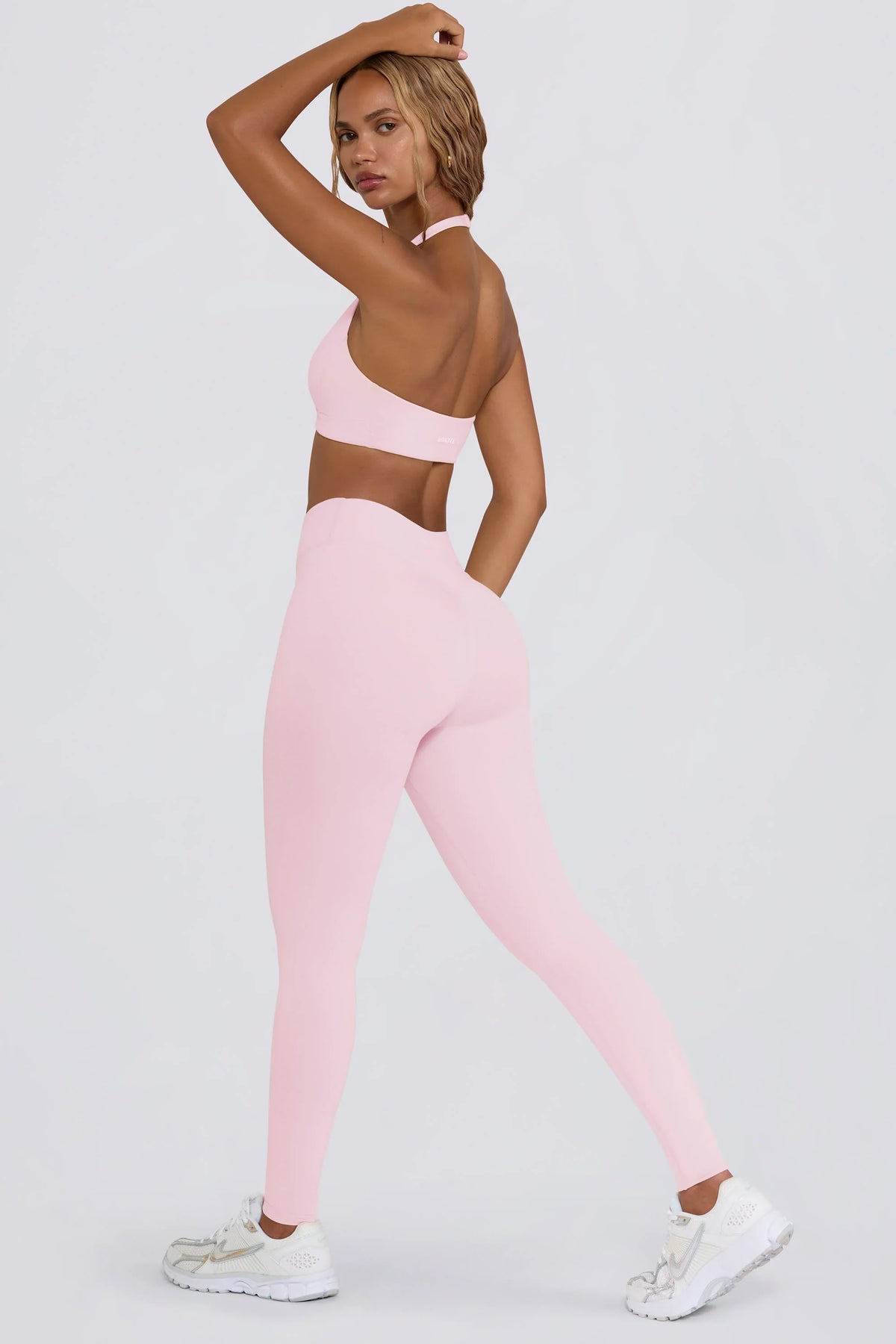 Brushed Jersey Ruched Mid-Rise Leggings in Pale Pink Marl