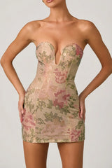 Embellished Sweetheart-Neck A-Line Mini Dress in Rose Hotfix