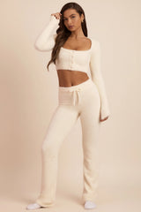 Fluffy Knit Wide-Leg Trousers in Ivory