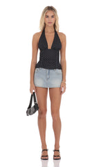 Polka Dot Ruched Halter Top in Black