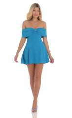 Front Bow Off Shoulder Dress in Aqua Blue