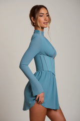 Long Sleeve Plunge Neck Mini Dress in Teal