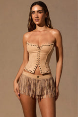 Fringed Low-Rise Mini Shorts in Tan