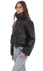 Faux Leather Cropped Puffer Jacket in Black