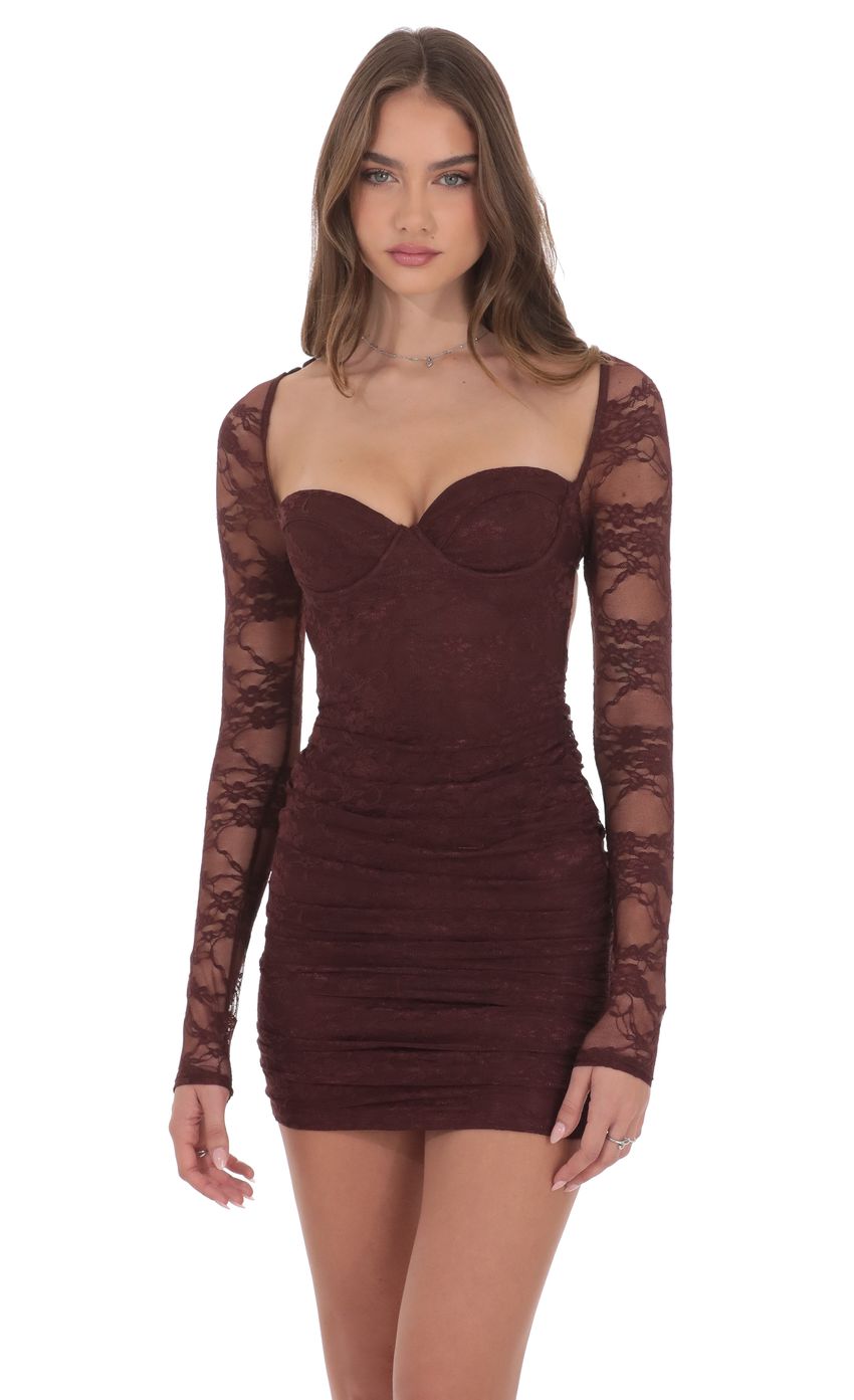 Lace Long Sleeve Bodycon Dress in Brown