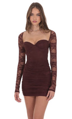 Lace Long Sleeve Bodycon Dress in Brown