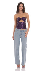 Sequin Cutout Strapless Top in Purple