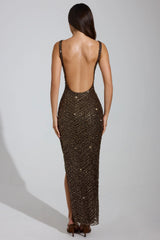 Embellished Scoop-Neck Thigh-Split Maxi Dress in Brown