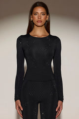 Embellished Crew-Neck Long-Sleeve Top in Black