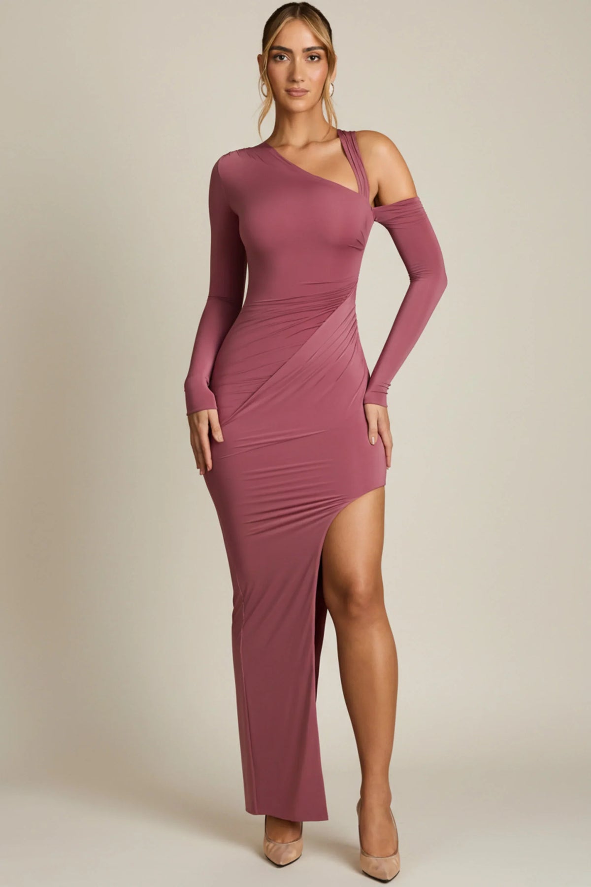 Asymmetric Draped Maxi Dress in Dark Rose