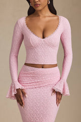 Ruffle Long-Sleeve Lace Top in Soft Pink
