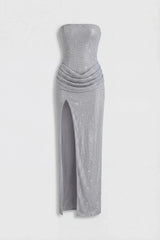Embellished Bandeau Cowl-Waist Maxi Dress in Silver