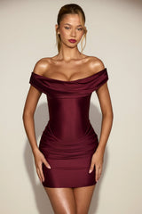 Off-Shoulder Draped Mini Dress in Wine Red