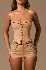 Lace-Up Corset Top  in Tan