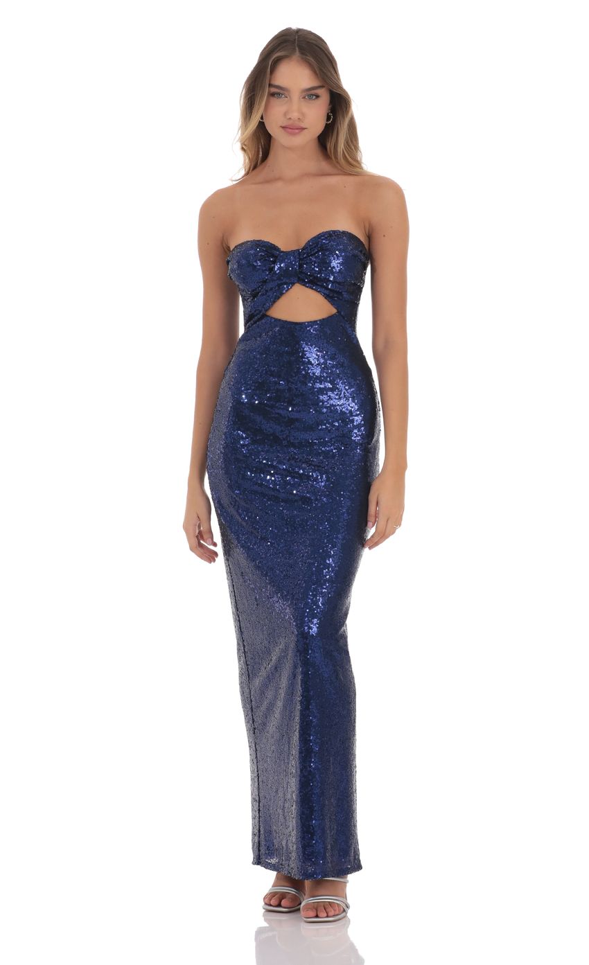Sequin Twist Cutout Maxi Dress in Navy