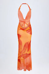 Cowl-Neck Hardware-Detail Maxi Dress in Orange Orchid Print