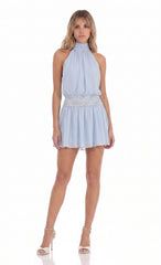 Beaded Waist Halter Mini Dress in Light Blue
