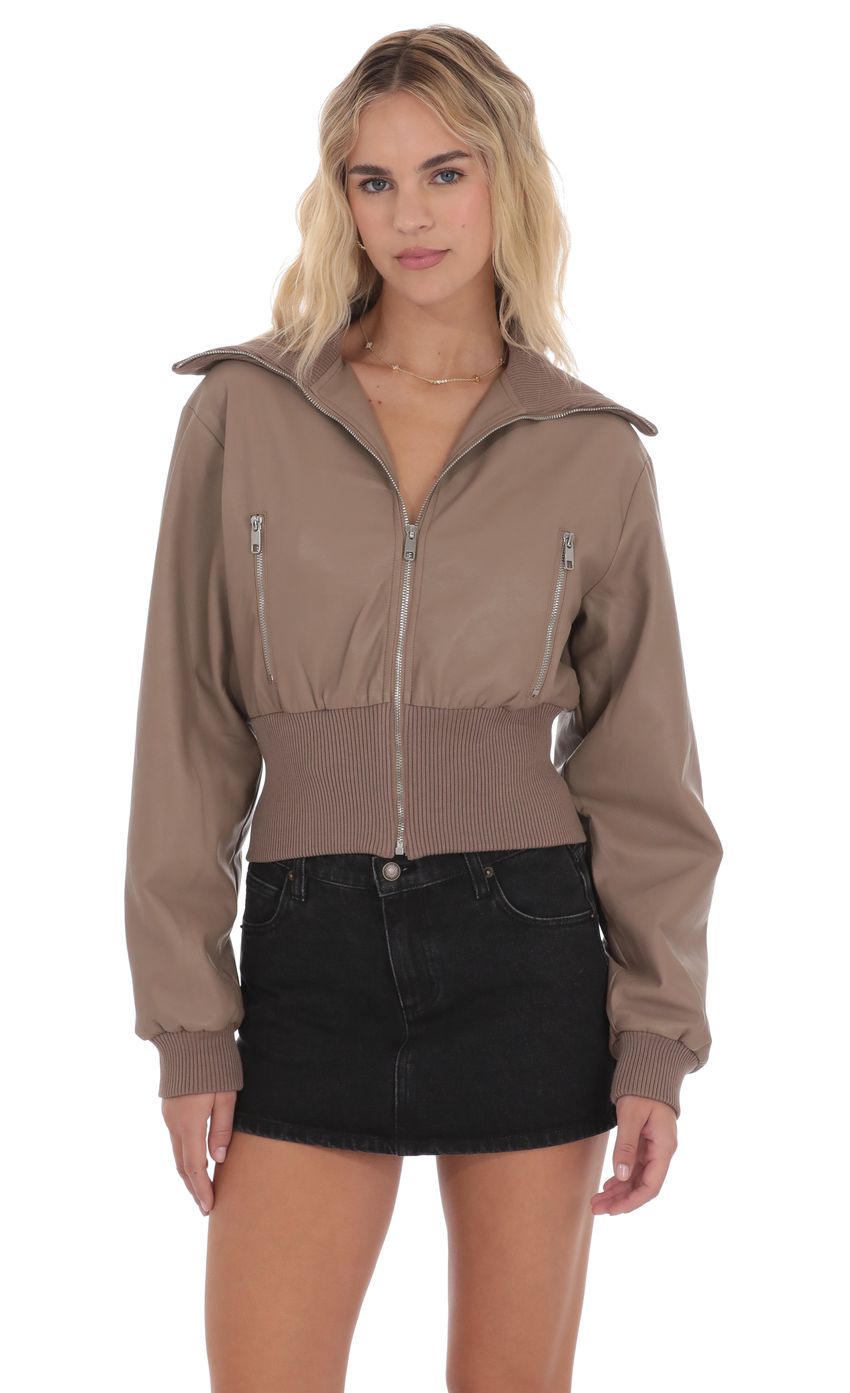 Cinched Faux Leather Bomber Jacket in Light Brown