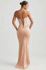 Draped Low-Rise Maxi Skirt in Beige Gold